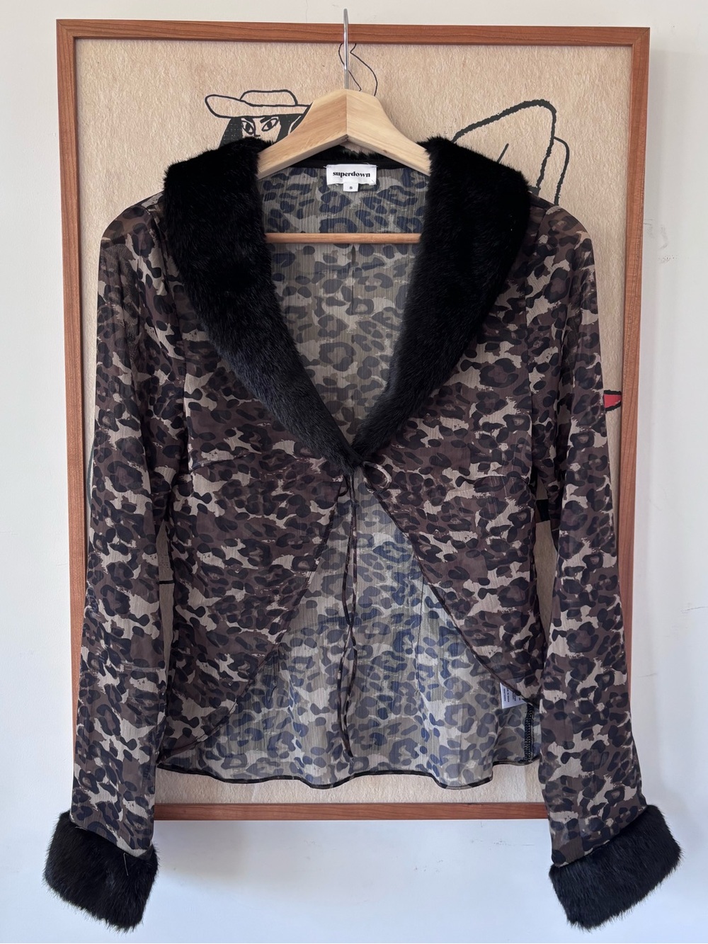 Superdown Sheer Leopard Print cardigan with Black Faux Fur Trim